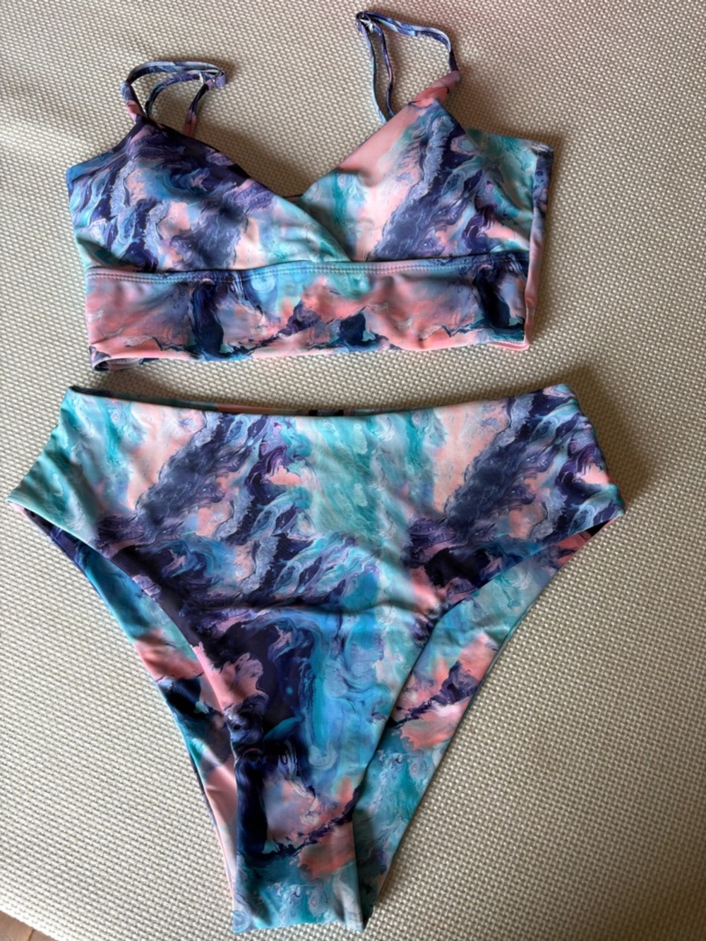 Women's Medium Pink Purple Blue Marble Pattern Bikini Shein Adj Straps NEW